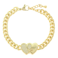CZ DOUBLE HEART CURB CHAIN BRACELET