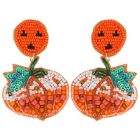 2-TIER JACK- O - LANTERN HALLOWEEN PUMPKIN SEED BEAD HANDMADE BEAD MIX BEADED EMBROIDERY DROP EARRINGS