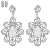 LARGE 2-TIER CRYSTAL RHINESTONE PAVE TEARDROP FLORAL CLUSTER DANGLE AND DROP CLIP-ON EARRINGS