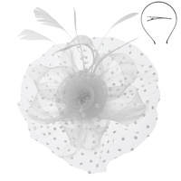 MESH FLORAL FEATHER W/ DOTTED RUFFL  DETACHABLE HEADBAND INCLUDES HEADBAND AND CLIP