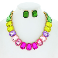 CRYSTAL PAVE MARQUISE CLUSTER ADJUSTABLE BIB NECKLACE EARRING SET