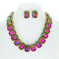 CRYSTAL PAVE MARQUISE CLUSTER ADJUSTABLE BIB NECKLACE EARRING SET